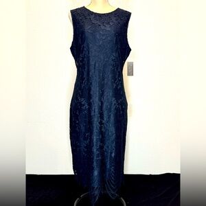 NWT Sharagano Blue Sheath Midi Dress Sleeveless‎ Crew Neck Lace Eyelet 14